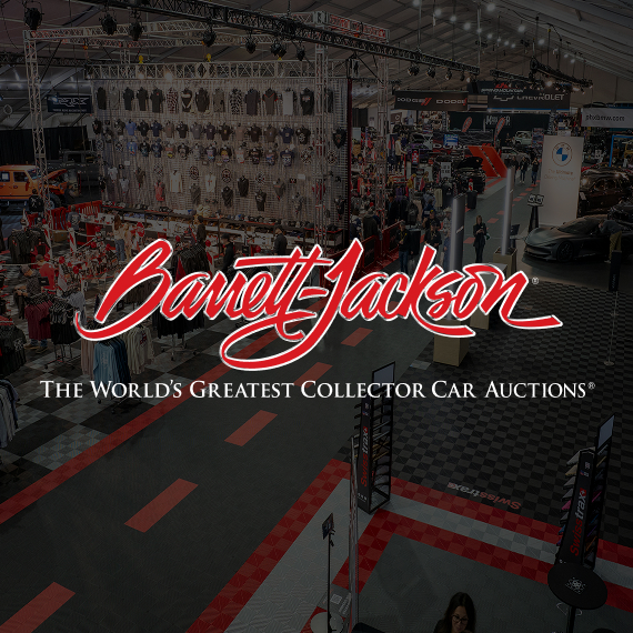 Barrett Jackson Logo Overlayed on background image of Barrett Jackson show